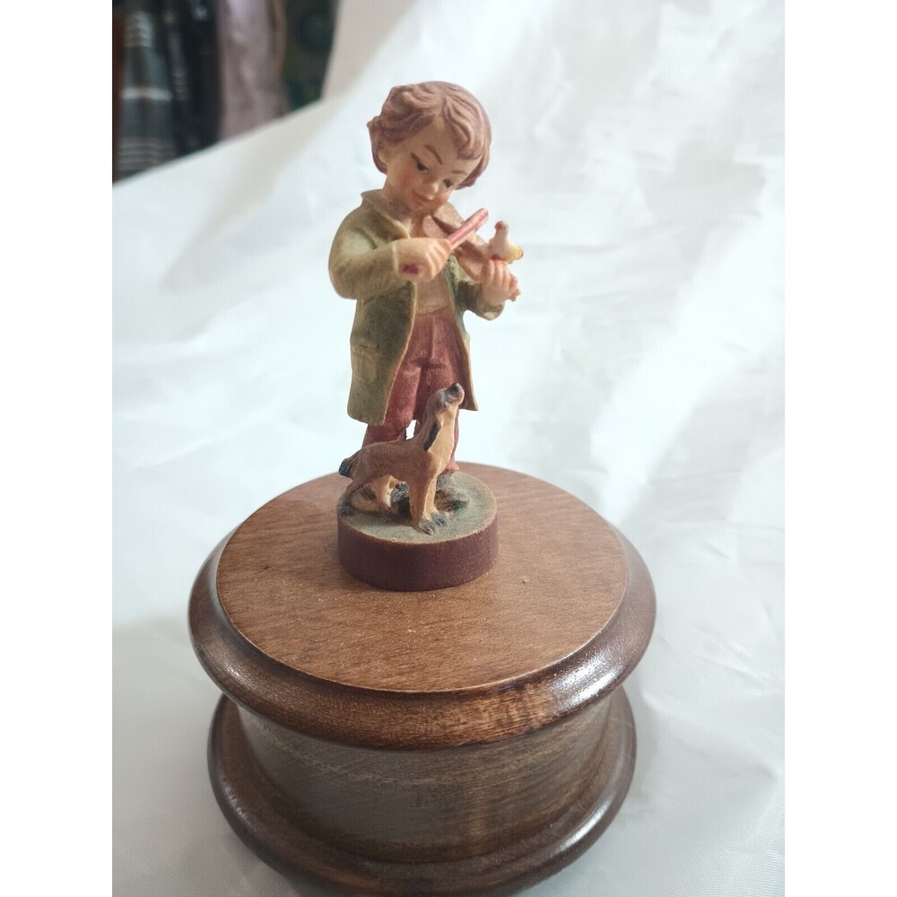 Vintage Reuge Wood Swiss Music Box Edelweiss Boy & Deer